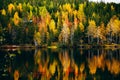 Beautiful landscape of fall colors forest reflected in the still waters of a calm lake in Finland Royalty Free Stock Photo