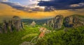 Panorama of Roussanou Monastery at sunset, Meteora Royalty Free Stock Photo