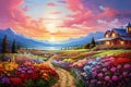 Beautiful Landscape with Farm House and Flowers at Sunset. Digital Painting, Colorful flower garden and beautiful sky landscape, Royalty Free Stock Photo