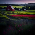 Beautiful landscape of a farm with a red cabin Generated AI