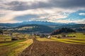 Beautiful landscape of a field in Podhale with a view of the Tatra Mountains. Poland Royalty Free Stock Photo