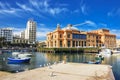 Beautiful landscape with fishing boats moored in the old harbor of Bari