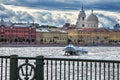 Beautiful landscape with floating high-speed passenger ship on the Neva river in St. Petersburg. Russia Royalty Free Stock Photo