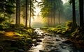 Beautiful landscape forest at dawn in the gentle light of the rising sun Light streaks across streams and rocks. Golden glow Royalty Free Stock Photo