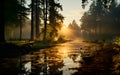 Beautiful landscape forest at dawn in the gentle light of the rising sun Light streaks across streams and rocks. Golden glow Royalty Free Stock Photo