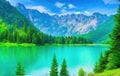 Beautiful landscape of forest and lake at the foot of the mountains