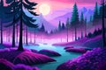 Beautiful landscape of forest and river at night, full moon and mountains, Vector illustration, generative ai Royalty Free Stock Photo