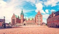 Beautiful landscape with fountain in Frederiksborg slot Castle near Copenhagen. Hillerod, Denmark. Exotic amazing places. Popular Royalty Free Stock Photo