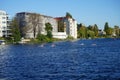 Four kayaks with athletes on the river Spree. Berlin, Germany