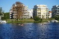 Four kayaks with athletes on the river Spree. Berlin, Germany