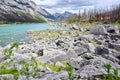 Beautiful landscape of a glacial Medicine Lake, Jasper National Park, Canada. Turquoise glacial water and majestic Rocky Royalty Free Stock Photo