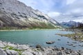 Beautiful landscape of a glacial Medicine Lake, Jasper National Park, Canada. Turquoise glacial water and majestic Rocky Royalty Free Stock Photo