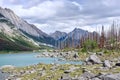 Beautiful landscape of a glacial Medicine Lake, Jasper National Park, Canada. Turquoise glacial water and majestic Rocky Royalty Free Stock Photo