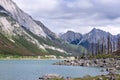 Beautiful landscape of a glacial Medicine Lake, Jasper National Park, Canada. Turquoise glacial water and majestic Rocky Royalty Free Stock Photo