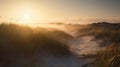 Beautiful Landscape: Grassland With Sand Dune, Beach Grass, Foggy Shoreline, Soft Muted Waves, And Sunrise Royalty Free Stock Photo