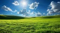 Beautiful landscape of green field, blue sky and white clouds Royalty Free Stock Photo