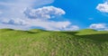 Beautiful landscape with a green grass field hills and the blue sky on the background, 3D rendering Royalty Free Stock Photo
