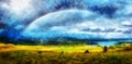 Beautiful landscape, green and yellow meadow and lake with mountain on background with a rainbow in the sky and computer Royalty Free Stock Photo