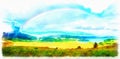 Beautiful landscape, green and yellow meadow and lake with mountain on background with a rainbow in the sky and computer painting Royalty Free Stock Photo