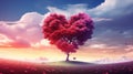 Beautiful landscape with heart-shaped tree and clouds. Valentine concept background Royalty Free Stock Photo