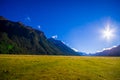 Beautiful landscape of high mountain glacier at milford sound with a sunshine in the sky, in south island in New Zealand Royalty Free Stock Photo