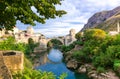 Beautiful landscape of the historic town of Mostar in the lights of the sunset, valley of the Neretva River