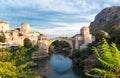 Beautiful landscape of the historic town of Mostar in the lights of the sunset, valley of the Neretva River