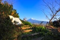 Beautiful landscape with Holy Bible open on a wooden ladder. Background with Mount Fuji