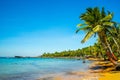 Beautiful landscape of Hon Thom beach, Phu Quoc island, Vietnam, Asia with tourist, chairs and umbrella. White sand and coco palms Royalty Free Stock Photo