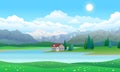 Beautiful landscape with house on lake, forest and mountains