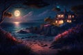 Beautiful landscape with house on seashore and full moon in the night sky, generated by AI Royalty Free Stock Photo