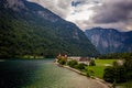 Beautiful landscape of houses by a river in a mountains area Royalty Free Stock Photo