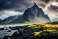 Beautiful landscape of Iceland. Dramatic overcast sky. Toned, Majestic summer scene of Stokksnes headland with Vestrahorn Batman