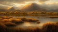 a beautiful landscape illustration in a foggy sunset style at the lake, autum season, wallpaper style, ai generated image