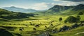 Beautiful landscape image of grassy hillside with grazing cows and riverHorses grazing in the mountains. Beautiful summer