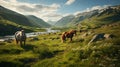 Beautiful landscape image of grassy hillside with grazing cows and riverHorses grazing in the mountains. Beautiful summer