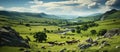 Beautiful landscape image of grassy hillside with grazing cows and riverHorses grazing in the mountains. Beautiful summer