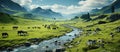 Beautiful landscape image of grassy hillside with grazing cows and riverHorses grazing in the mountains. Beautiful summer