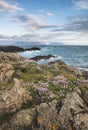 Beautiful landscape image of rocky beach with Snowdonia mountain