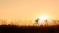 Beautiful landscape image with Silhouette vintage Bicycle at sunset.classic bicycle, for greeting Cards ,post card