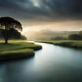 Beautiful landscape image of sunrise over a river and mountains in the background