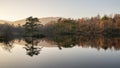 Beautiful landscape image of Tarn Hows in Lake District during beautiful Autumn Fall evening sunset with vibrant colours and still Royalty Free Stock Photo
