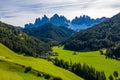 Beautiful landscape with Italian Alps and Church of Saint John located in Ranui, Italy. Val di Funes, Bolzano, Italy. San Giovanni