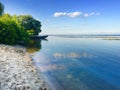 Beautiful landscape of Kaniv Reservoir with a boat near the shore, Ukraine