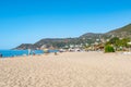 Beautiful landscape of Kleopatra Beach in Alanya with clean white sand against the backdrop of