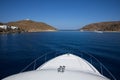 Beautiful landscape of Kolona beach Kythnos island Cyclades Greece in June, 2021 - view from the yacht. Royalty Free Stock Photo