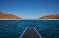 Beautiful landscape of Kolona beach Kythnos island Cyclades Greece in June, 2021 - view from the yacht.