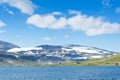Beautiful landscape with Lake Finsevatnet, snowy mountains and glacier Hardangerjokulen in Finse, Norway Royalty Free Stock Photo