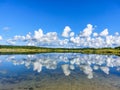 Beautiful landscape of lake and forest and mirror like, still, crystal clear blue and green transparent water with fine white sand Royalty Free Stock Photo