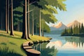 Beautiful landscape with lake, forest and mountains. Vector illustration, generative ai Royalty Free Stock Photo